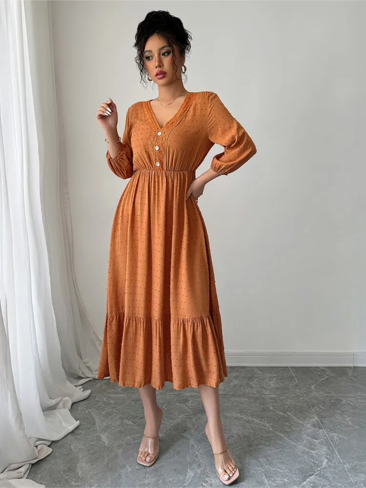 

Autumn Casual Elegant Dress Long Sleeve Classi Women's Dress Cross-Border Bubble Sleeve V-Neck Knee-Length Solid Color Dress