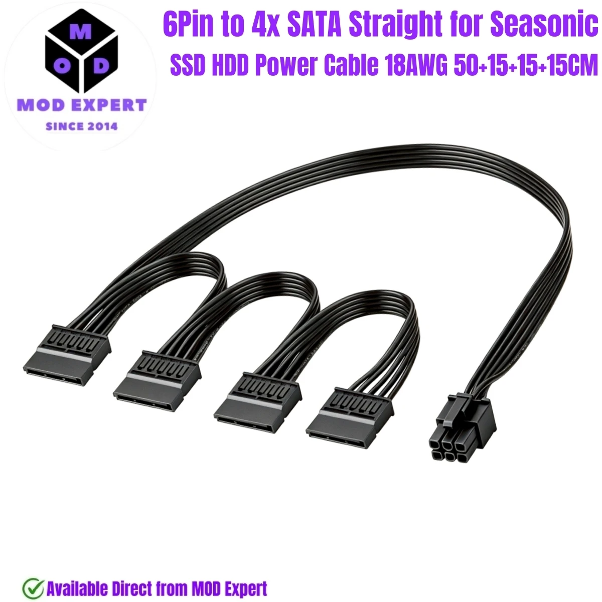 6Pin to 4x SATA Straight HDD SSD Power Cable for Seasonic FOCUS All Series 550W, 650W, 750W, 850W, 1000W Platinum & Gold Modular