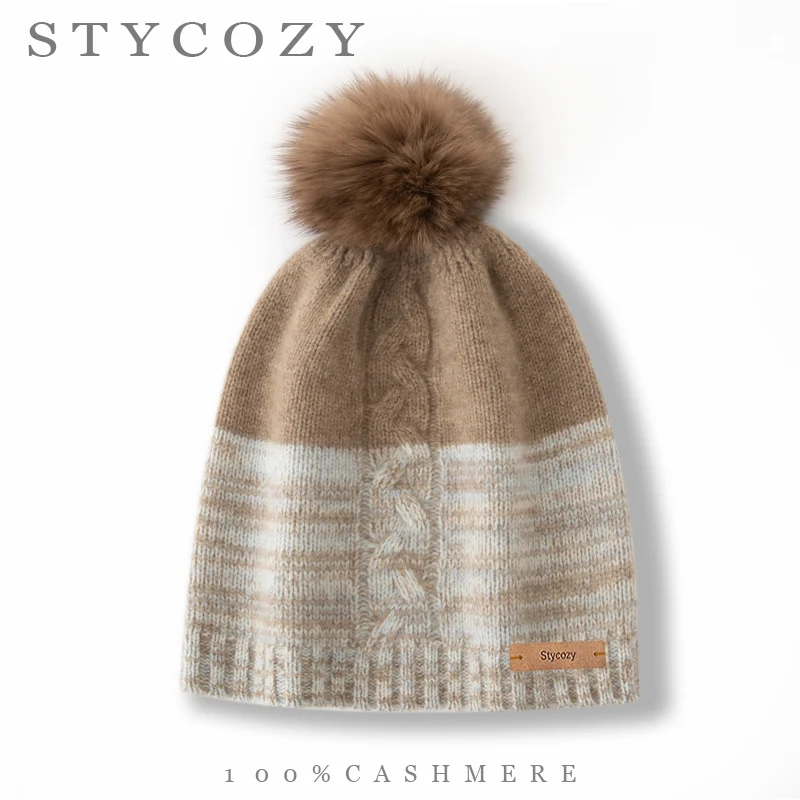 100%Cashmere Women Ombre Cable Knit Hat Fashion Color Block Chunky Pompom Beanie Ladies Daily Wear Luxury Soft Autumn Winter Cap