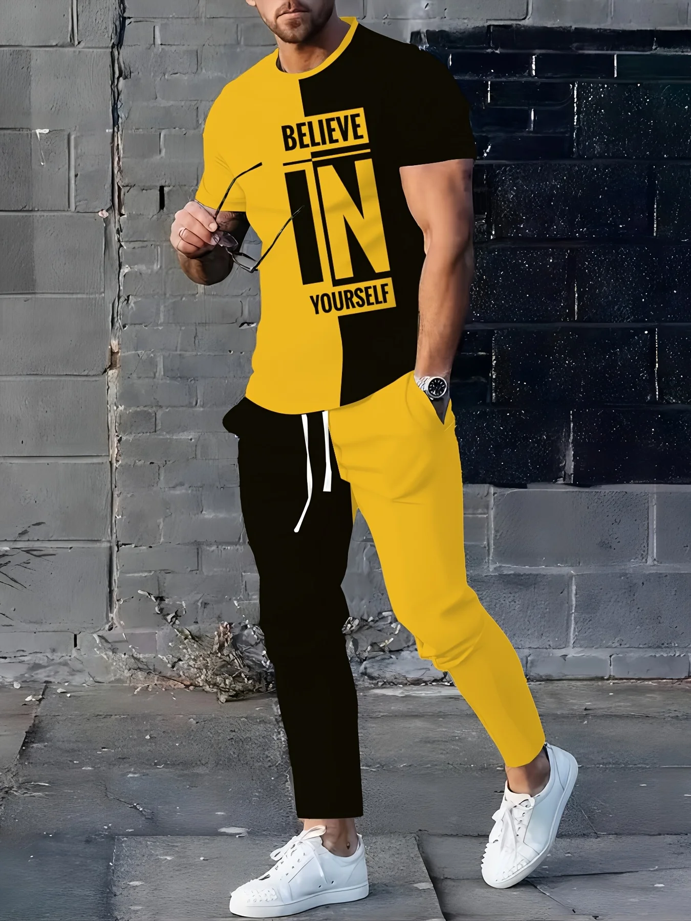 

The new men's set for summer 2025 featuring 3D letter prints, is a street fashion sporty casual simple and comfortable style