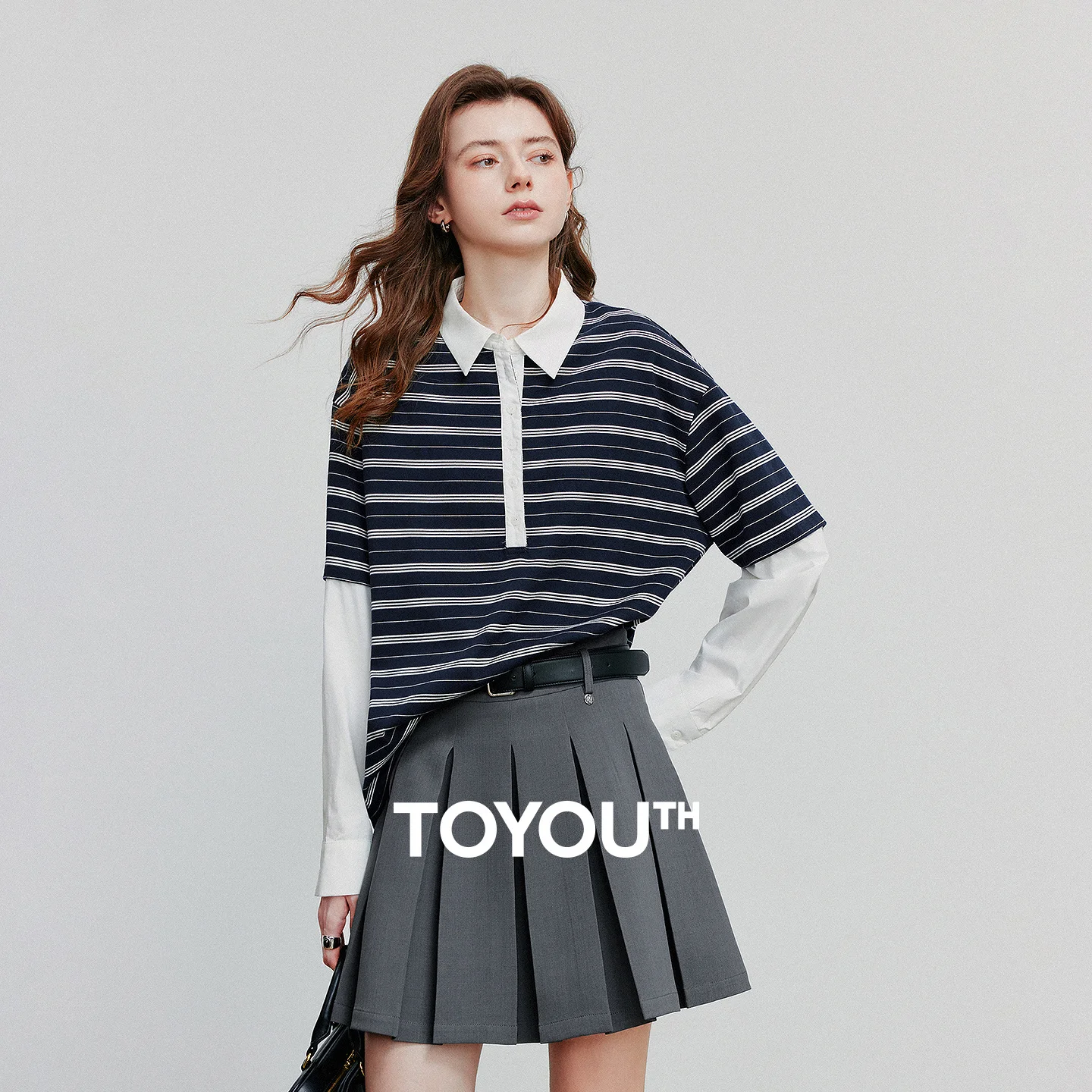 

TOYOUTH Women Hoodies Sweatshirt 2025 Autumn New Spliced Fake Two Piece Polo Collar Striped Casual Pullover Tops