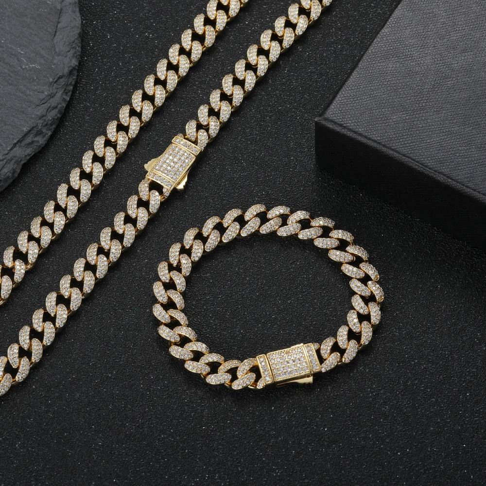 EYIKA Hiphop Gold Silver Color Men Women Custom Rock and Roll Jewelry Set 10mm Miami Cuban Chain Necklace Iced Out CZ Bracelet