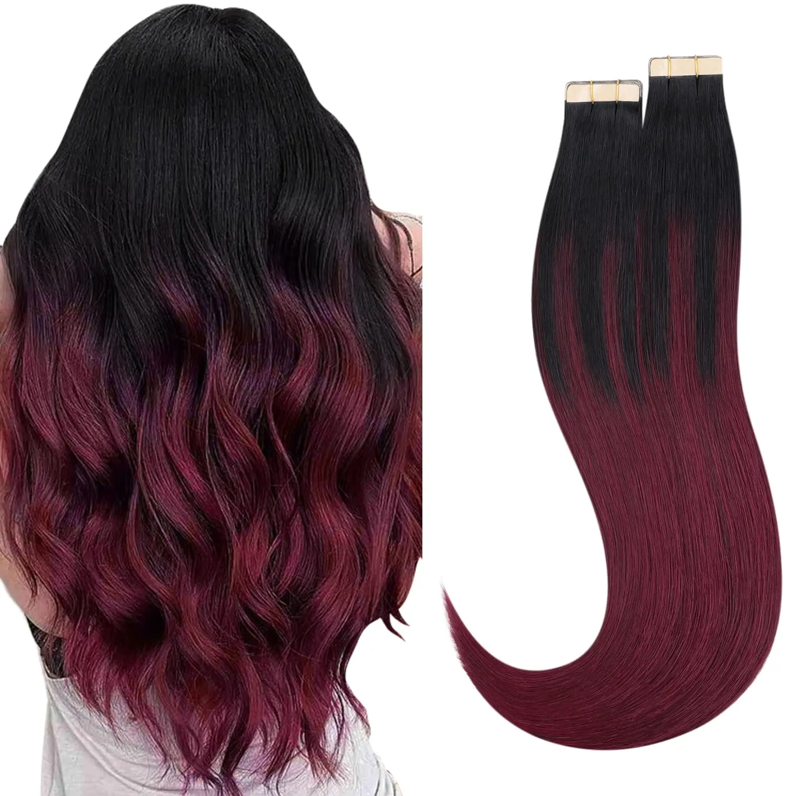 

Highlighted 100% Human Hair Tape In Extensions 12-26 Inch Mixed Color Wefts #99J Burgundy #6/30 Brown Blonde