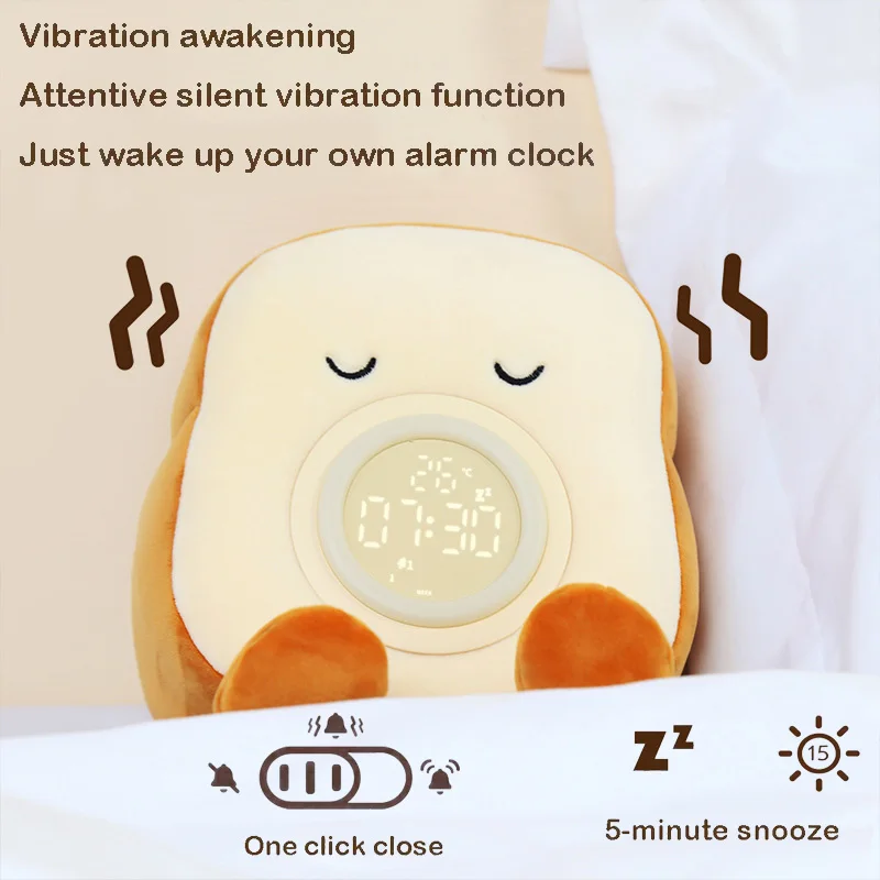 Toast Plush Alarm Clock Lamp Digital Cute Cartoon Tablet Stand Home Decor Desk LED Practical Display Night Light  Table Clock