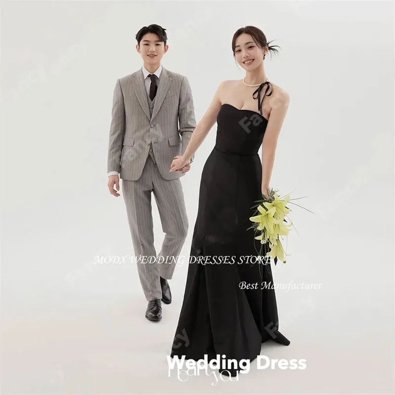

MODX Imple Black Sweetheart Korea Wedding Dress Women Elastic Satin Floor Length Sleeveless Evening Dress Formal Party Gowns
