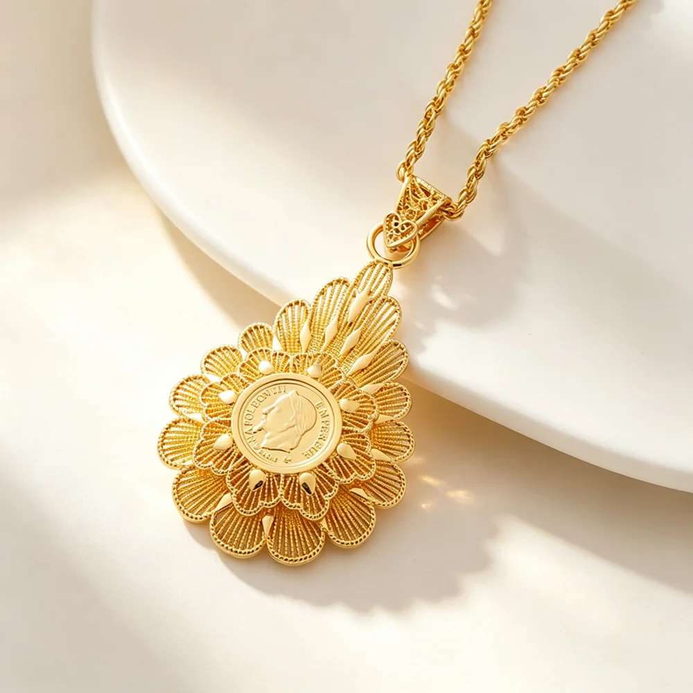 French Vintage Necklace Pendant Algerian Popular Portrait Design Jewelry Middle East Women Wedding Decoration