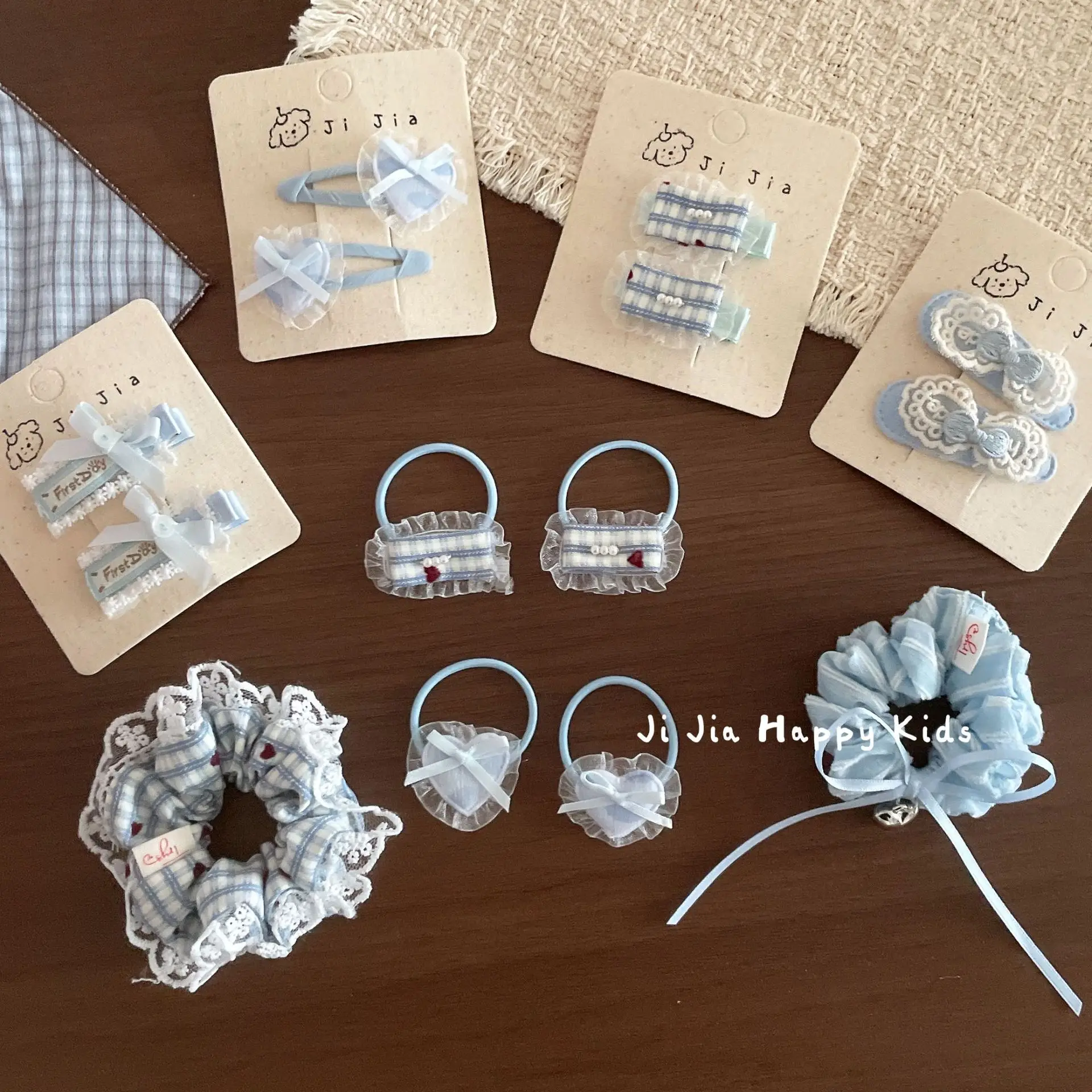 Hair Scrunchie Hair Clip Blue Plaid Bow Lace Heart Kids Square Side Clip Kindergarten Headwear Sweet Portable Compact