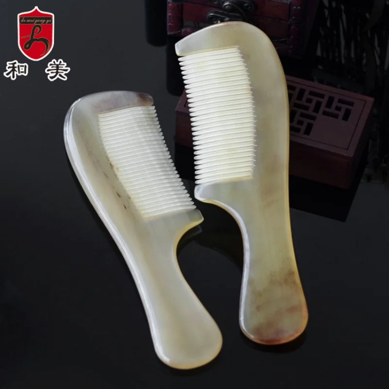 Factory Hot Sale Smooth Handle Sheep Horn Comb 19cmLong Handle Hairdressing Comb Natural Colored Massage Comb Wholesale