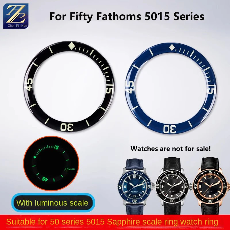 Círculo de escala luminosa negra y azul de 42,7mm para Blancpain Fifty Fathoms serie 5015, esfera de escala de zafiro, anillo exterior, cronógrafo