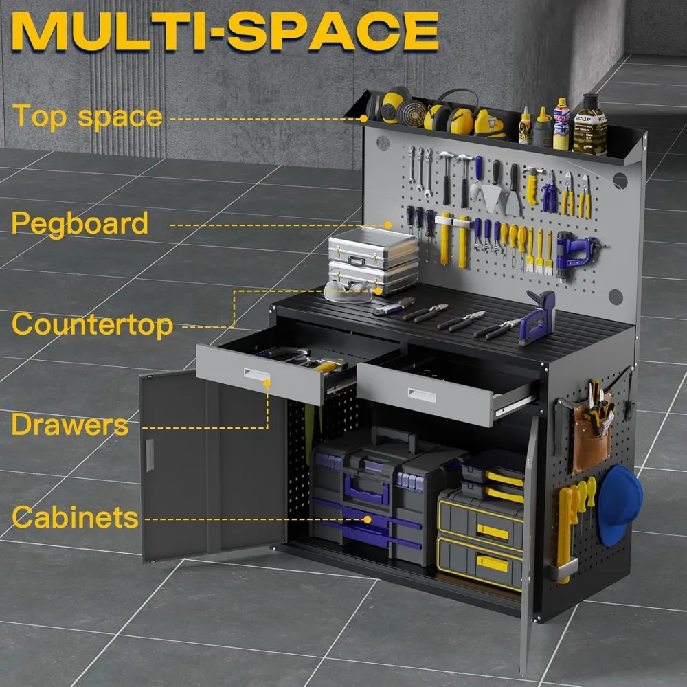منضدة عمل شديدة التحمل بسعة 2000 رطل مع أدراج وتخزين وإضاءة ولوح بيجب لاستخدام الورشة الصناعية #3