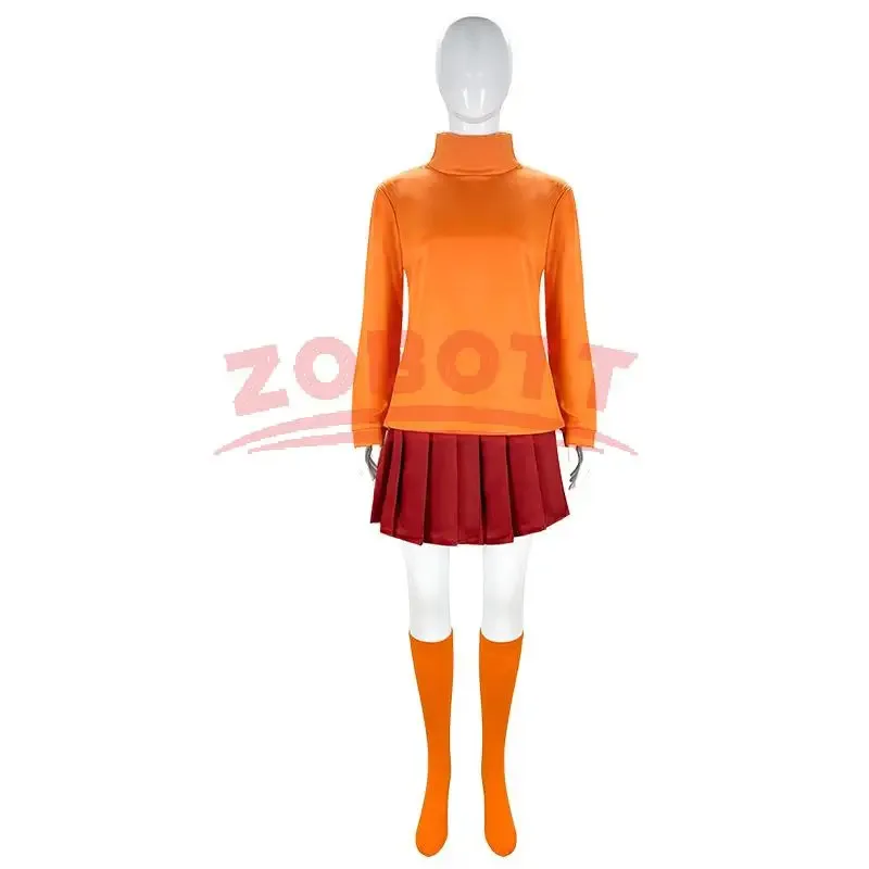 Kostum Cosplay Seragam Anime Velma Rok Pendek Seragam Wanita Kaus Kaki Atasan Rok Kostum Karnaval Pesta Halloween ob;8