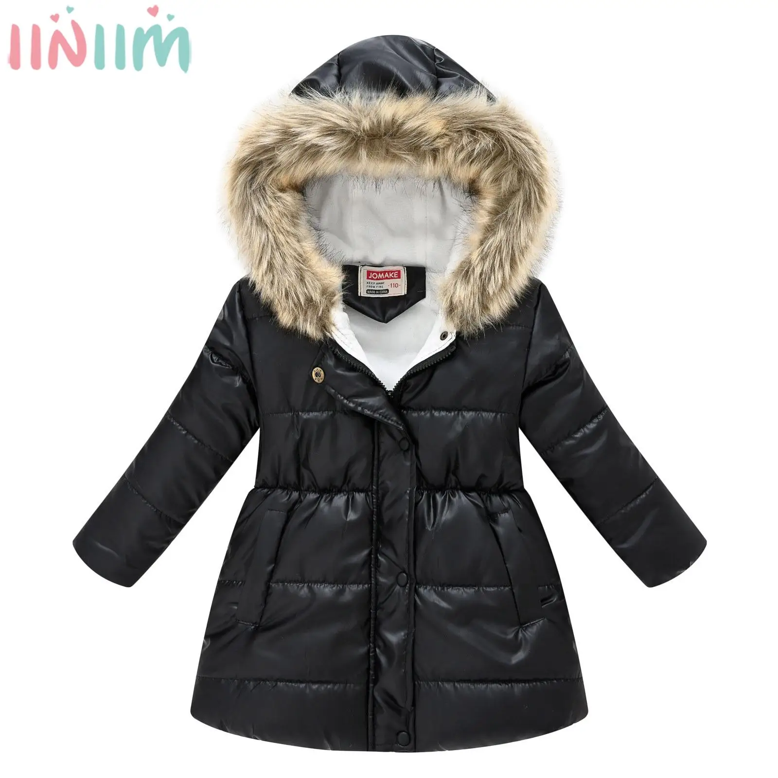 

Unisex Kids Winter Warmer Windproof Hooded Outerwear Medium Length Zipper Cotton-padded Jacket Long Sleeve Thicken Faux Fur Coat