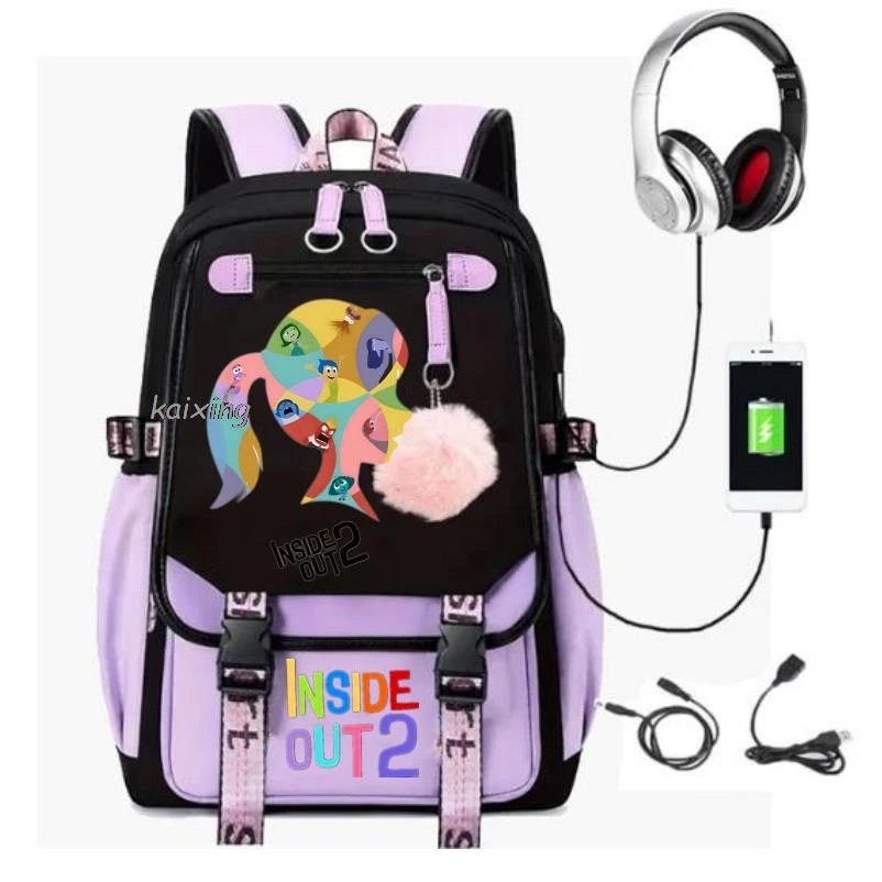 New Inside Out2 Backpacks USB Cartoon Purple Printed Boys Girls School Bag Students Bookbag Teens Women Mochila Escolar Niña