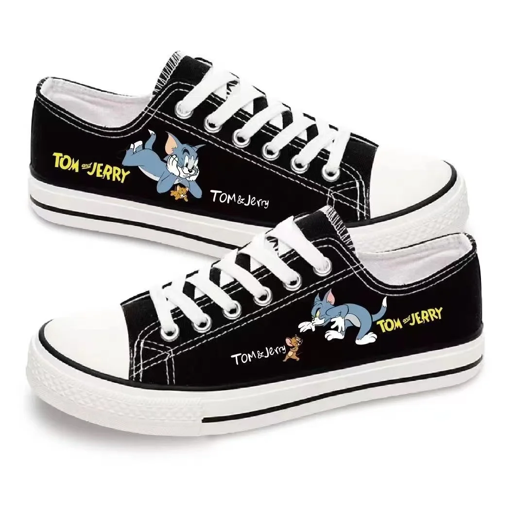 Tom e Jerry sapatos de lona para mulheres e meninas, sapatos pretos casuais, fotos reais, plus size, sapatos de marca, estudantes, fotos reais, novo, 2024