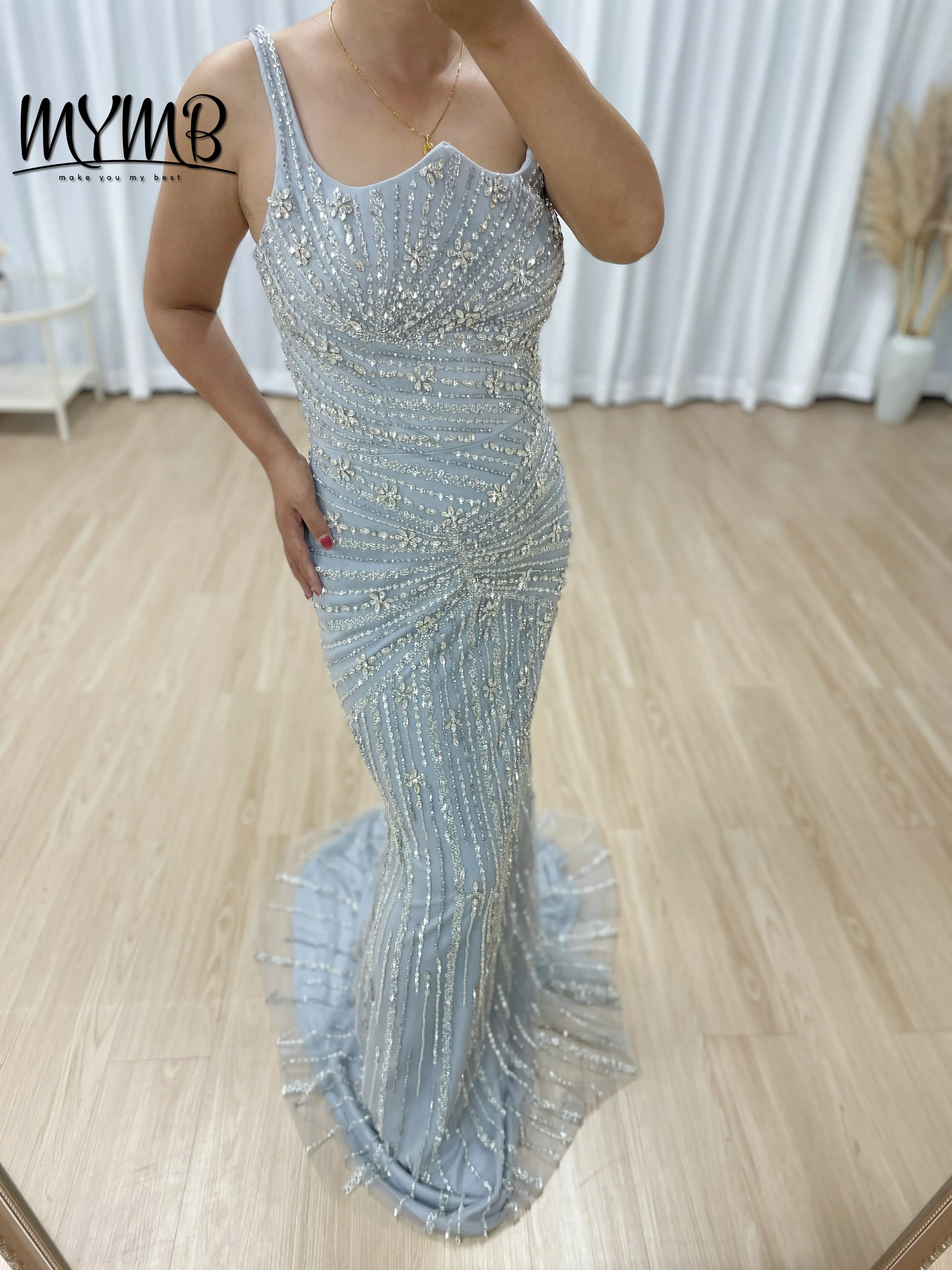 MYMB Luxury Silver Prom Gown for Women With Cape Sleeve Sparkle Heavy Halter Neck Handmade Beading Mermaid Wedding Dress MB40420