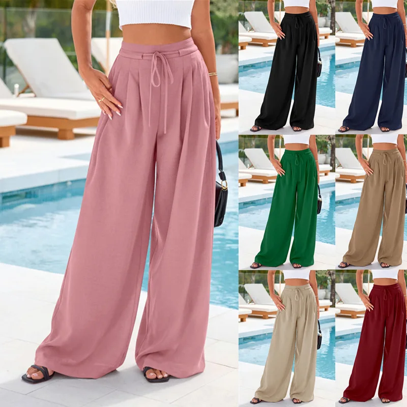 Women High Waist Drawstring Wide Leg Pants Pleated Loose Floor-Length Trousers Elegant Casual Flowy Palazzo Pants Summer Thin So