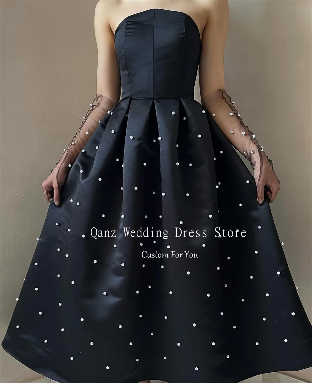 Qanz-Vestidos De Noche De lujo con perlas, Vestido De satén negro sin tirantes, sin guantes, corsé Para Eventos Especiales