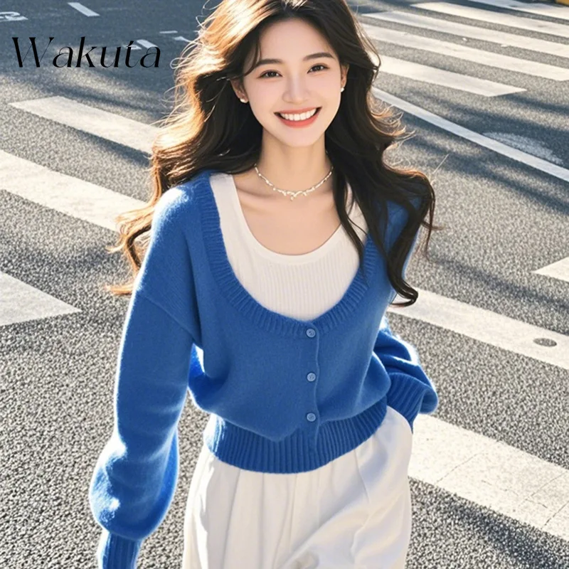 WAKUTA Fall French U-collar Long-sleeved Yankee Age-reducing Knitwear Fashion Casual Slim Blue Fake Two-piece Knitwear 여성 반팔 니트