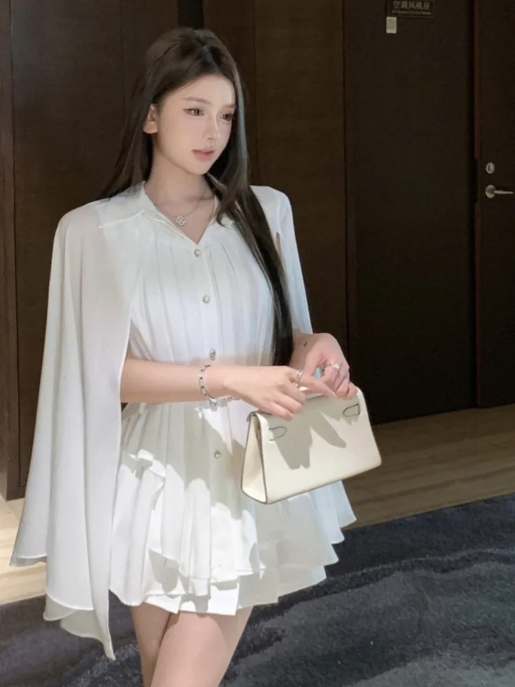 2024 Summer French Fashion Casual 2 Piece Suits Women Loose Shirt + Pleated Skirt Sets Korean Elegant Two Piece Set For Women