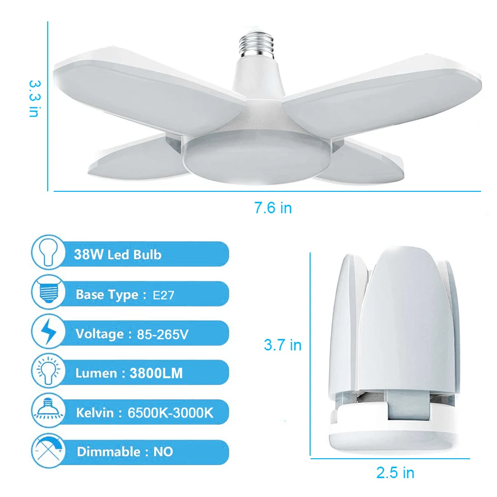 Luz LED de techo Deformable para garaje, lámpara plegable de 38W y 3800LM con 4 paneles ajustables, fácil de instalar, para taller y almacén