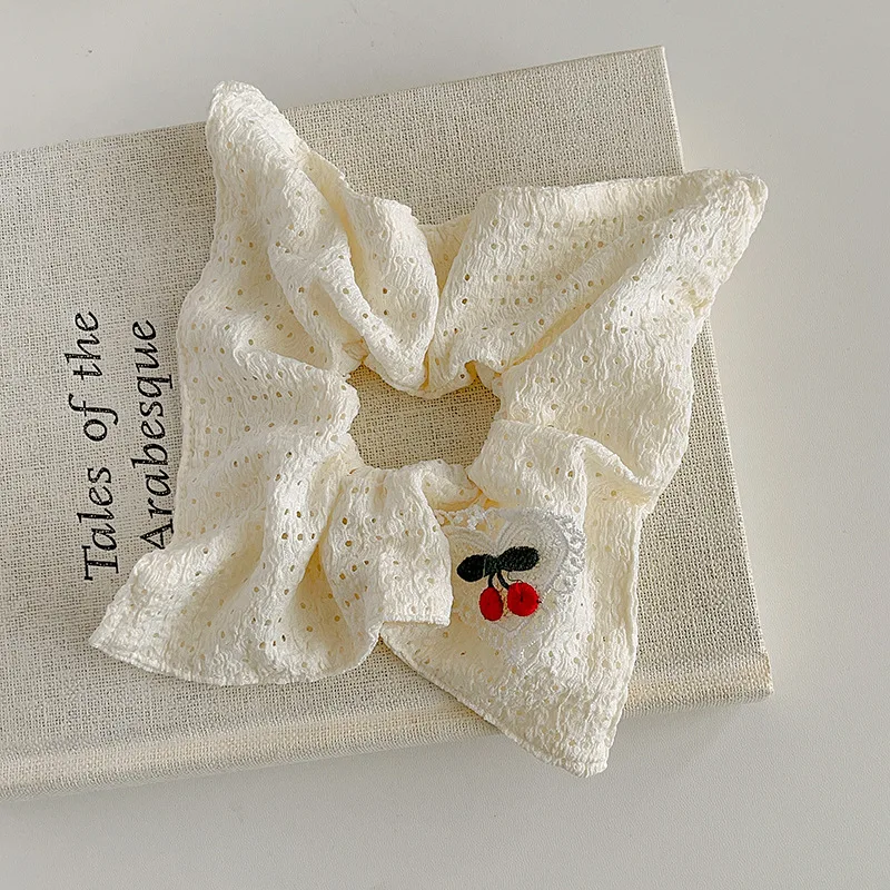 1pc  New high-value cherry pure white hollow fabric square scarf with large intestine headband and sweet headband hair accessory image 6
