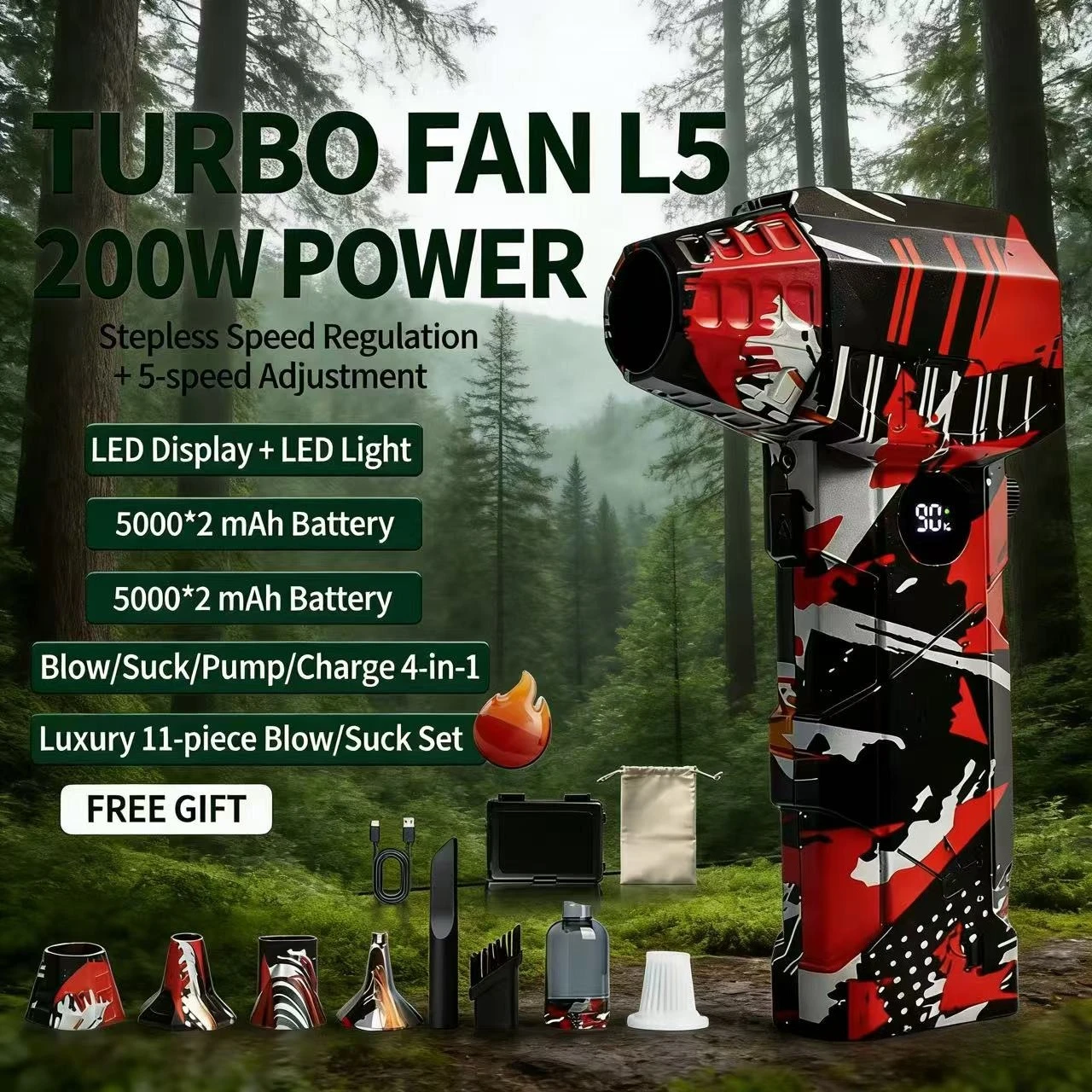 

L5Pro Воздуходувка 550000 об/мин Турбоструйный вентилятор Мощный компьютерный пылеудув Инструменты для очистки Тип-C Перезарядка Портативная ручная дрейка