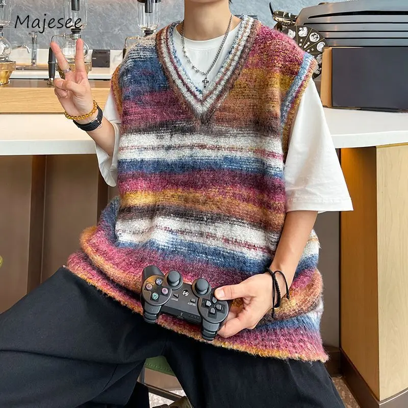 

Vests Men Retro All-match Couple Simple V-neck Striped Casual Loose Handsome Charming High Street Korean Style Students Cozy New