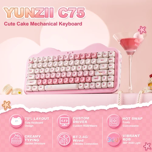 Imagen 2 del producto Teclado mecánico inalámbrico rosa YUNZII C75, teclado RGB de intercambio en caliente cremoso al 75%, diseño de pastel bonito con montaje de junta para Win/Mac/juegos