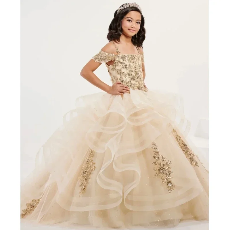 Vestidos de niña de flores sin mangas para boda, fiesta de cumpleaños, banquete, vestidos de princesa, tul azul cielo, apliques de flor plateada escalonados