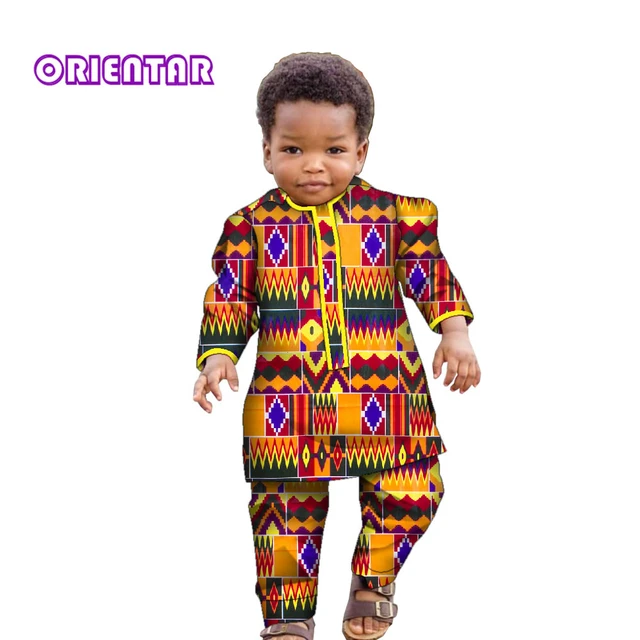 Ankara Fashion Floral Print Boy Suit 2 Pcs Set Long Sleeve Shirt and Pant African Clothes