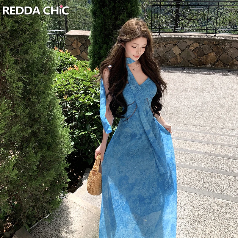 REDDACHiC Women Scarf Neck Floral Dress Pretty Rose Pattern Chiffon Flowy Spaghetti Strap Corset Maxi Long Dress Summer Clothes