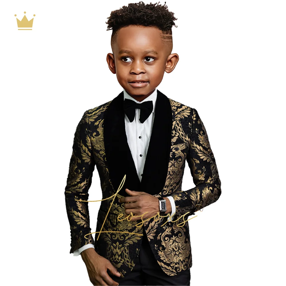 Padrão de Ouro dos meninos Terno Vestido Set, casamento personalizado smoking Aniversário, Black Velvet Xaile Collar, Calças Pretas, 2 pcs