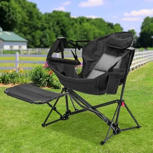 Hammock Camping Chair with Footrest, Oversized Folding Swinging Chair for Adults, Rocking Portable Camp with Cup Holder