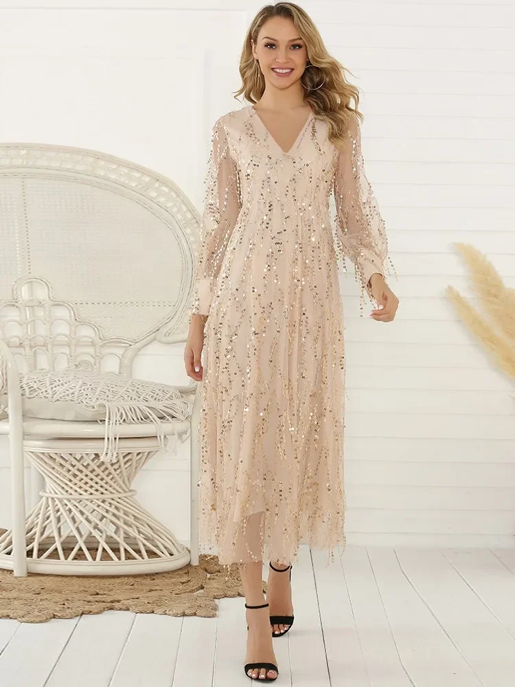 Vestido de noite feminino lantejoulas franja embelezado decote em v manga longa linha a plissado dupla camada cintura magra vestido halter