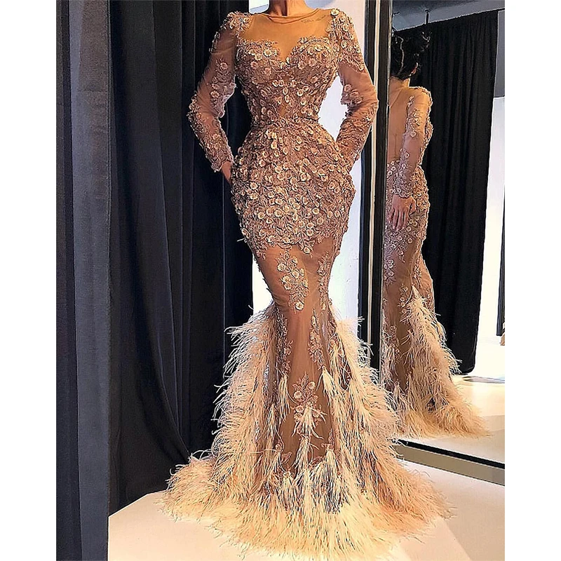 

2023 Mermaid Prom Gowns Long Sleeves crew neck Sparkly Beaded Feather Evening Dress Party Dress for Womens