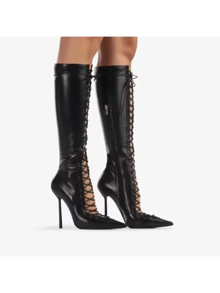 2025 printemps/été nouveau à lacets court Cool botte côté fermeture éclair Banquet coupe ajustée talon haut Sexy genou longueur femmes bottes