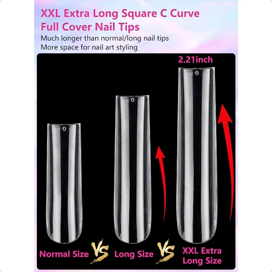 504PCS Clear Square Nail Tips for Acrylic Nails Profional XXL XXXL Extra Long Tapered Square Straight Acrylic Nail Tips Full Co