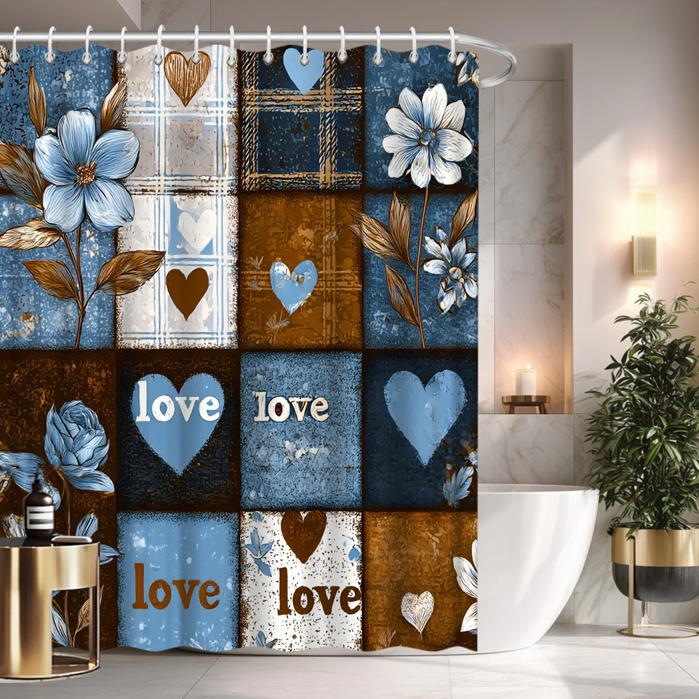 

2D плоская шторка для душа с цветочным пэчворк-дизайном в форме сердца, 1 шт., из полиэстеровой ткани, для декора ванной комнаты, разделитель для ванны