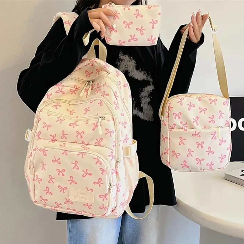

Bow 3 Piece Backpacks Set Nylon Print Cute School Bag With High Capacity Adjustable Strap Women Travel Laptop Computer Backpacks