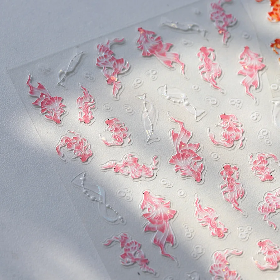 Pink White Gradient Goldfish Polarized Koi Bubbles 3D Self Adhesive Nail Art Sticker Lotus Red Carp Chinese Style Manicure Decal