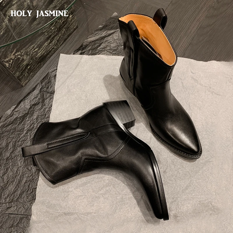 2023 New Winter Chelsea Boots for Woman Genuine Leather Pointy Toe Wedge Heel Ankle Boots Simple Comfortable Cowboy Boots Female