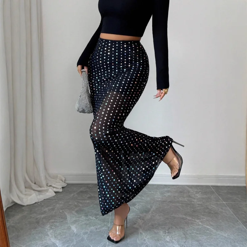 

European Code2025New Style Sequin Double Layer Mesh High Waist Slim Fit Bodycon Slimming Vacation Date Midi Skirt