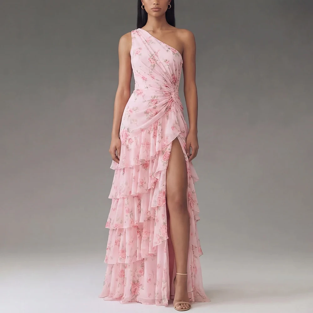 Vestido Elegante Personalizado de Un Hombro, Largo hasta el Suelo, Sin Mangas, con Pliegues y Abertura Alta, Flores Rosas, Vestidos Elegantes para Mujer para una Boda