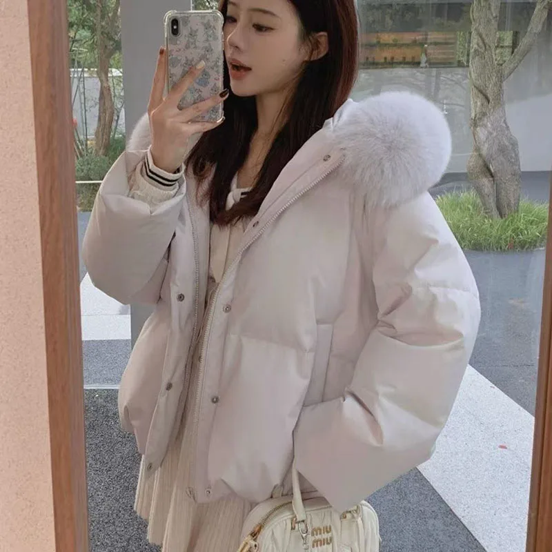 

Boutique Pink Winter Parkas Women Fashion Long Sleeve Faux Fox Hooded Coat Thick Warm Korean Lady Chic Cute Cotton Jacket New