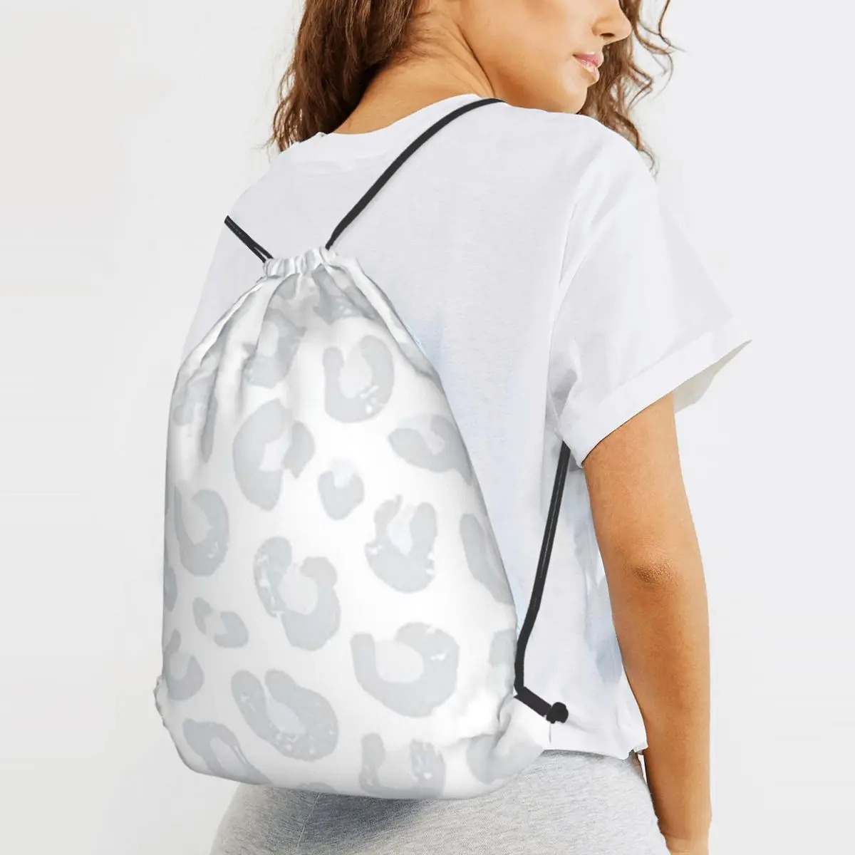 Leopard Print - Silver Gray And White Backpacks Fashion Drawstring Bundle Pocket Storage Bag Book Bags for Man Woman School