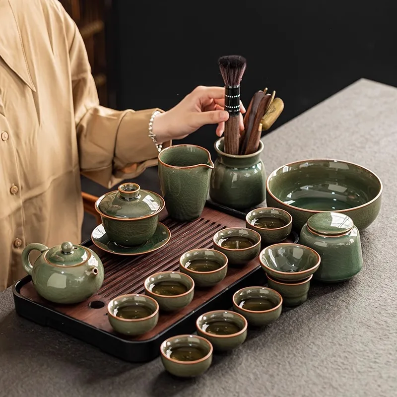 Ge Kiln Kung Fu Tea Set for Home and Office, Portable Travel Complete Tea Set for Hosting Guests, Tea Brewing with Teapot and Te