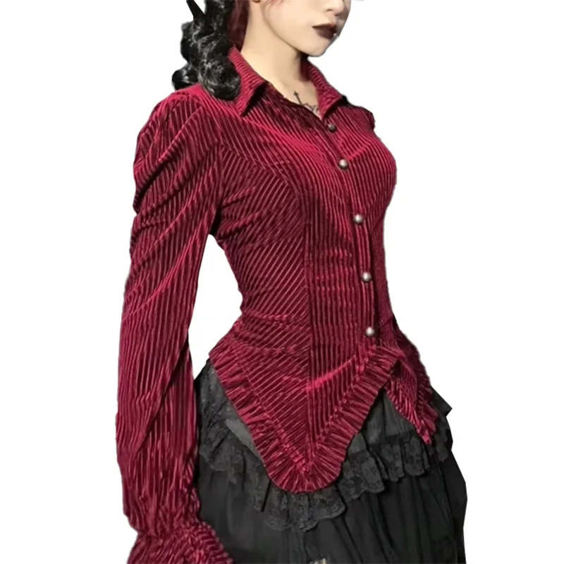 Yangelo Red Velvet Fabric Shirt Fairy Grunge Gothic Stripes Lapels Long Sleeve Shirt Punk Harajuku Lace Shirt