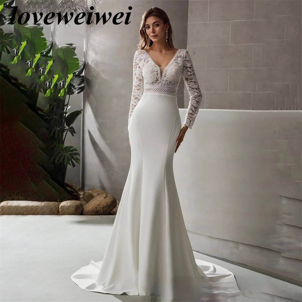 

V-Neck Full Sleeves Wedding Dresses Lace Applique Open Back Bridal Gowns Sweep Train Mermaid Bride Dress Vestidos De Novia