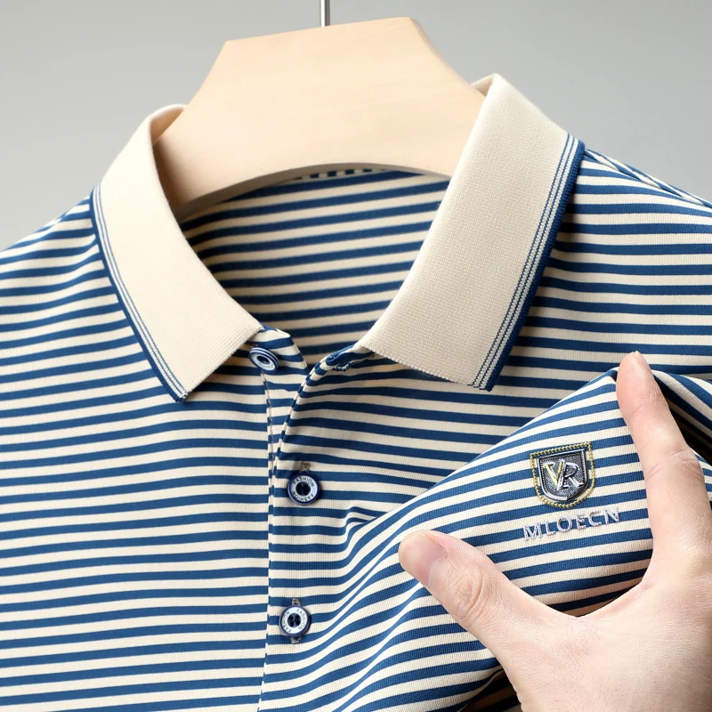 Polo informal de negocios para hombre, camisa de manga corta, transpirable, versátil, a la moda, solapa de escudo, a rayas, Top, tendencia de verano