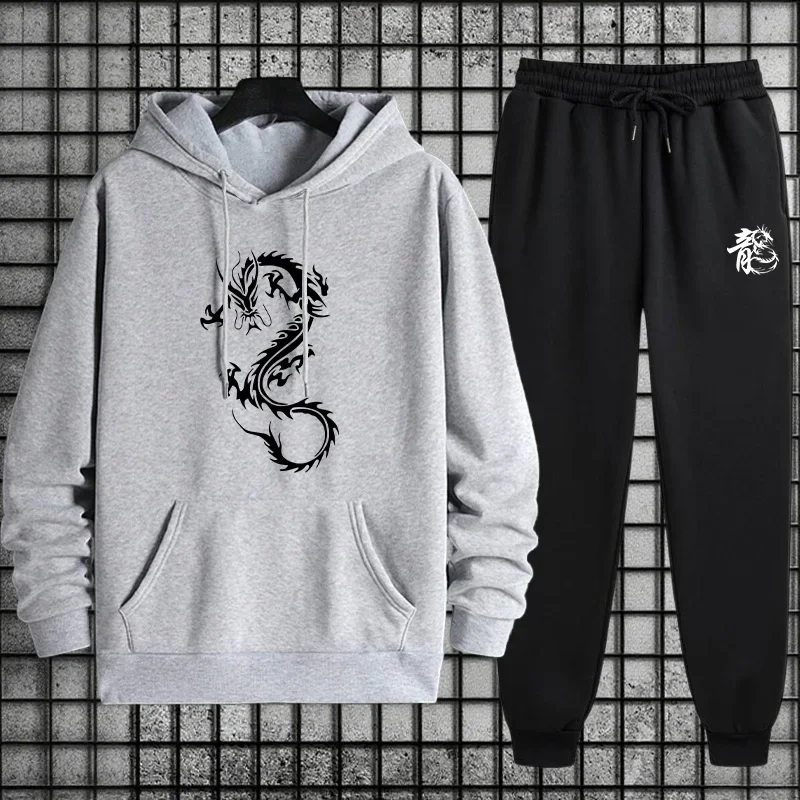 طقم بدلة رياضية رجالية من التنين الصيني بقلنسوة مريح وخصر مطاطي للركض لملابس المنزل في الخريف والشتاء ملابس دافئة غير رسمية #1